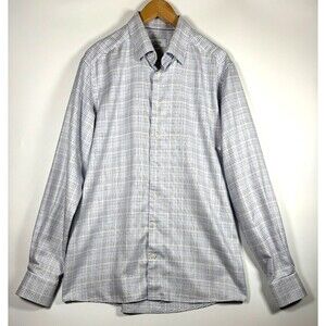 Eton Dress Shirt Large 44 17.5 White Blue Geometric Textured Twill Button Down